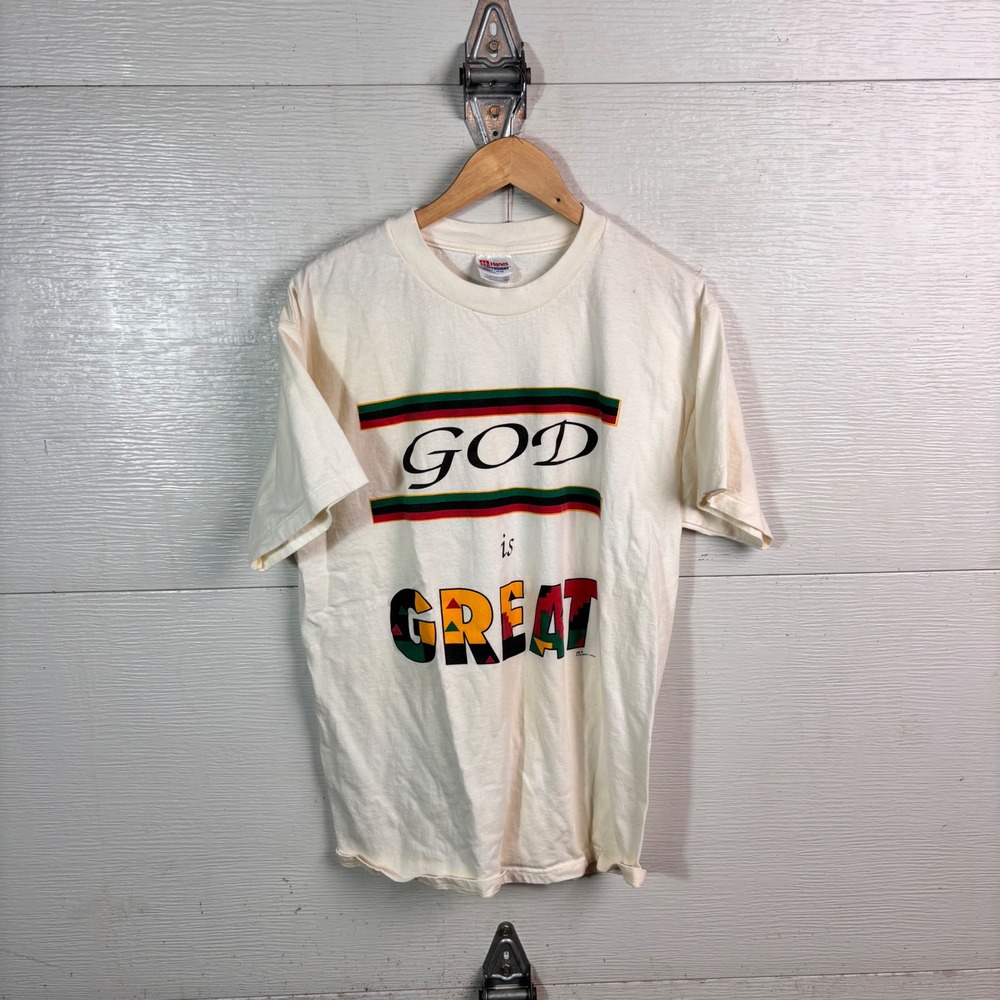 Vintage 90s God Is Great Christian Graphic T-Shirt L USA Made Hanes
